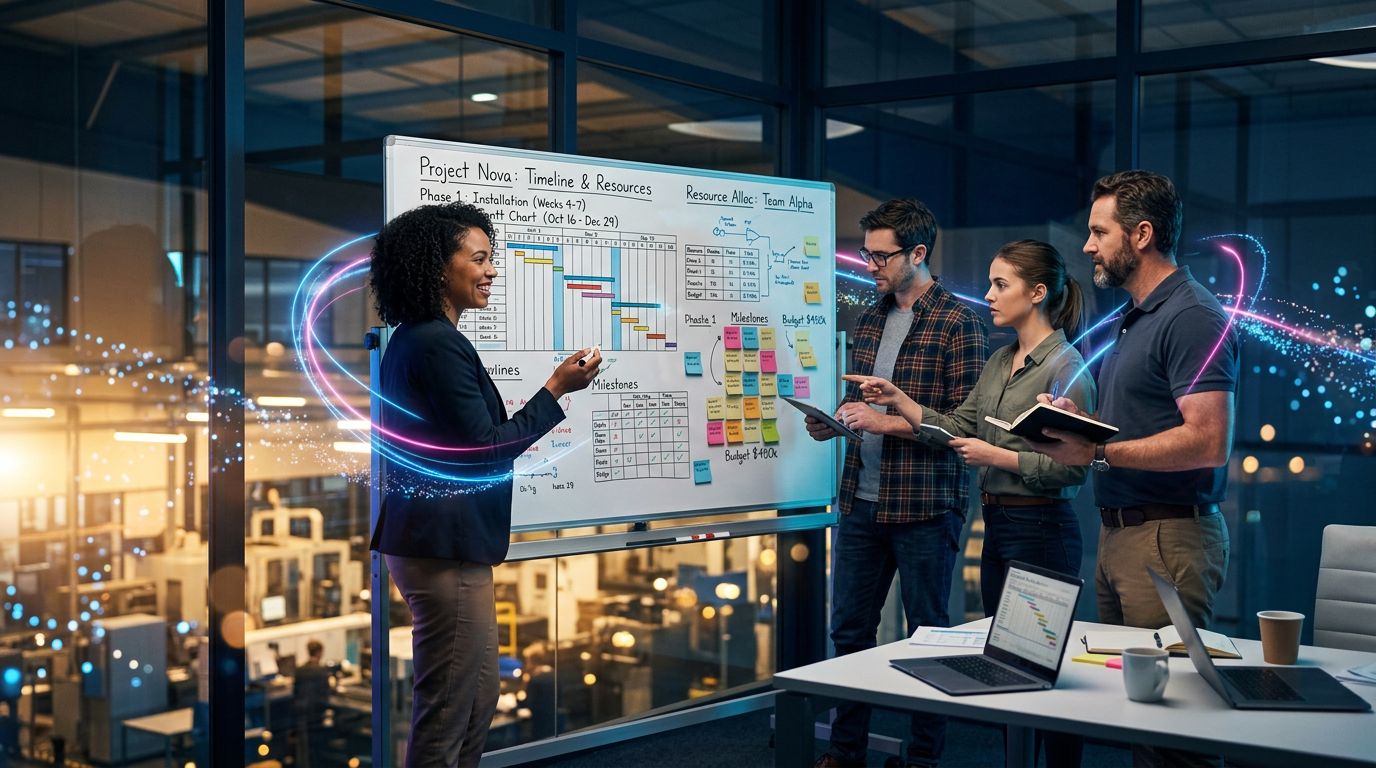Project team in a resource planning meeting in front of a whiteboard with Gantt charts
