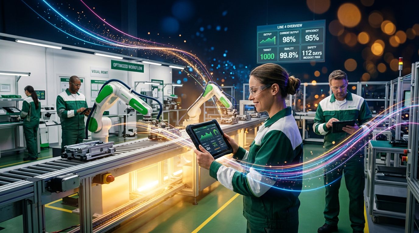 Optimized production line with operators using digital tablets to monitor real-time indicators