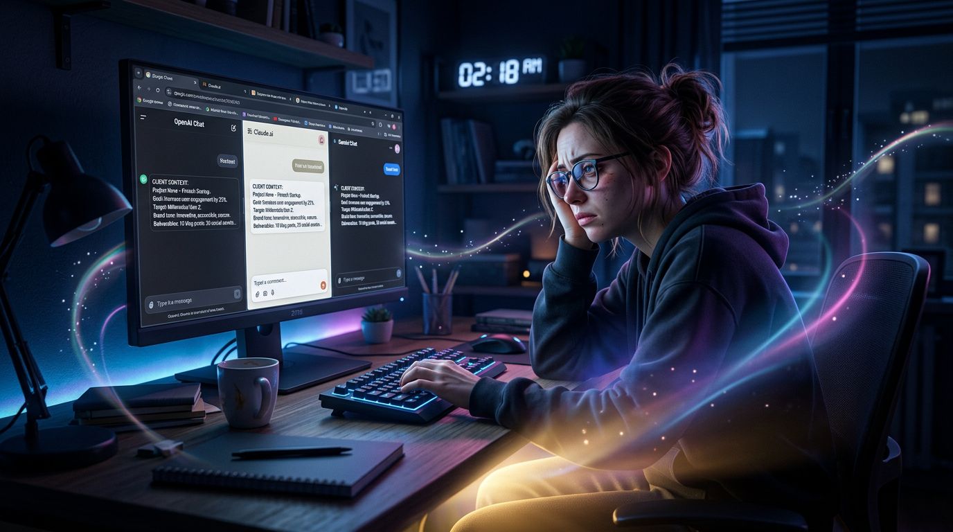 Freelance retapant le même contexte client dans plusieurs fenêtres d'IA ouvertes