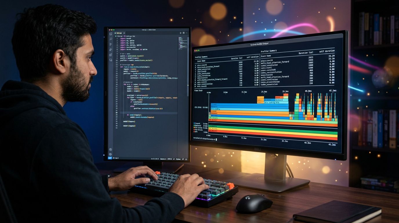 Capture d'écran d'un profiler PyTorch montrant les timelines CPU et GPU avec un flame graph coloré