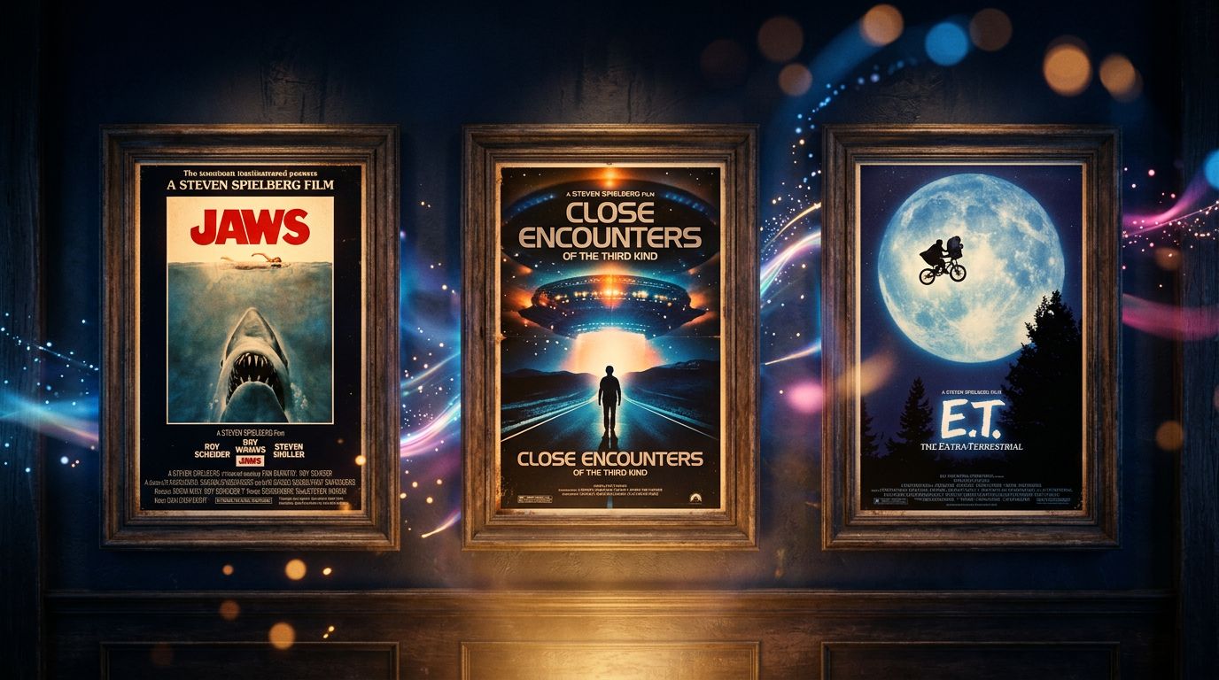 Trois affiches de films classiques de Spielberg alignées avec un éclairage cinématographique dramatique