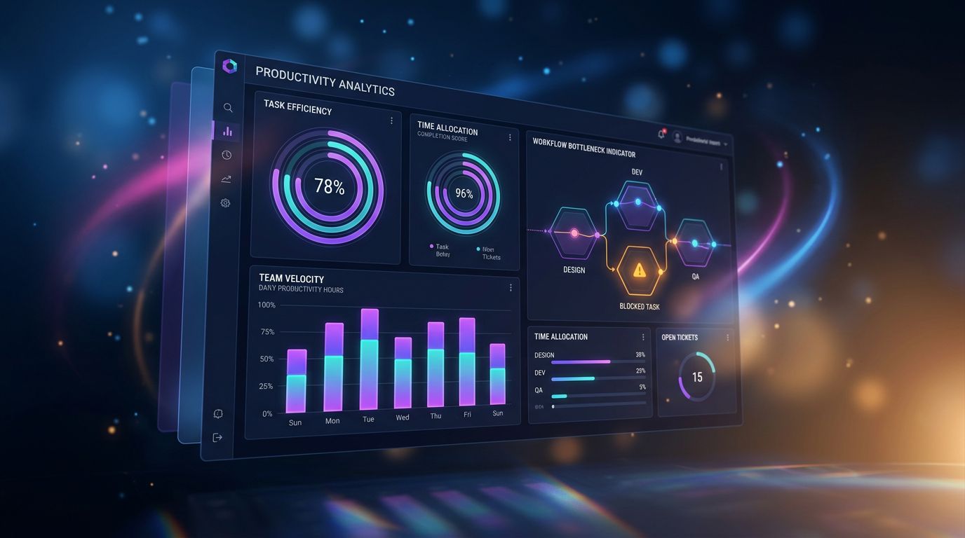 Dashboard d'analytics de productivité montrant des graphiques de suivi du temps et des indicateurs de workflow