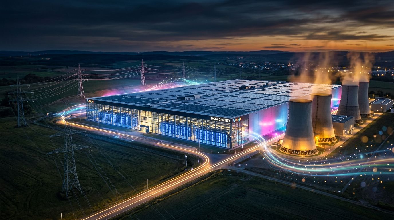 Google data center at dusk, solar panels and power lines illustrating AI's massive energy consumption