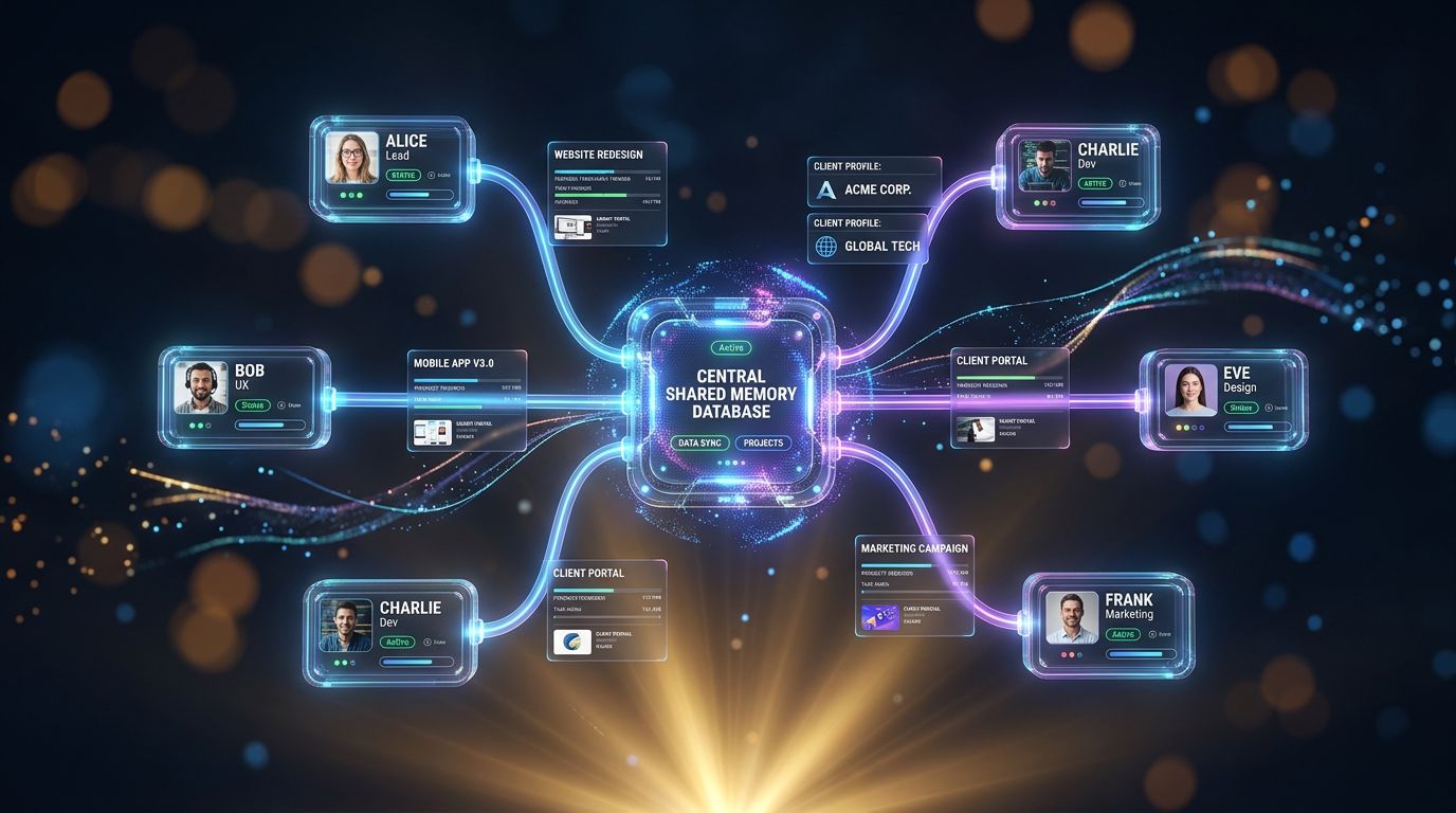 Diagram showing shared AI memory between multiple team members