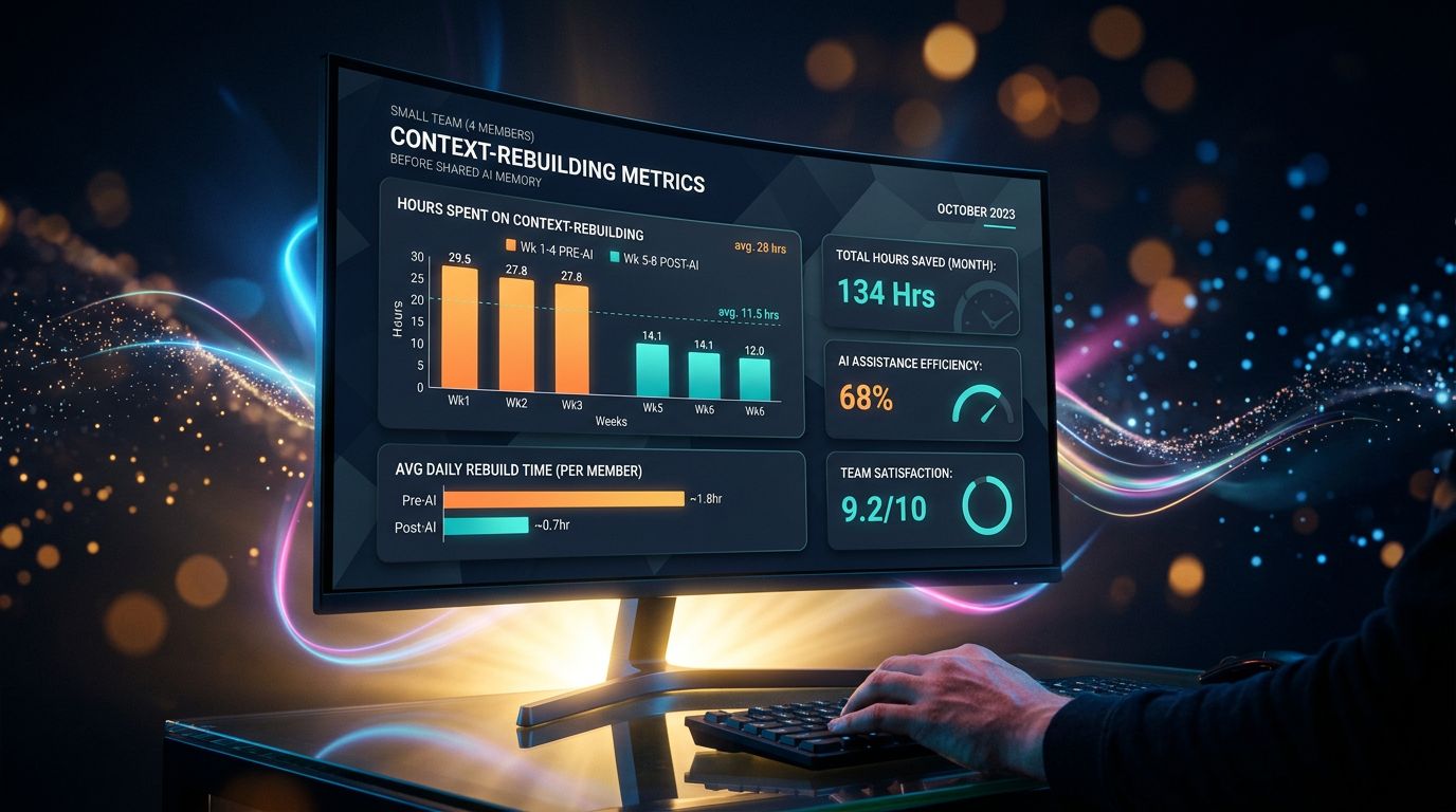 Dashboard comparing time lost rebuilding context before and after shared AI memory