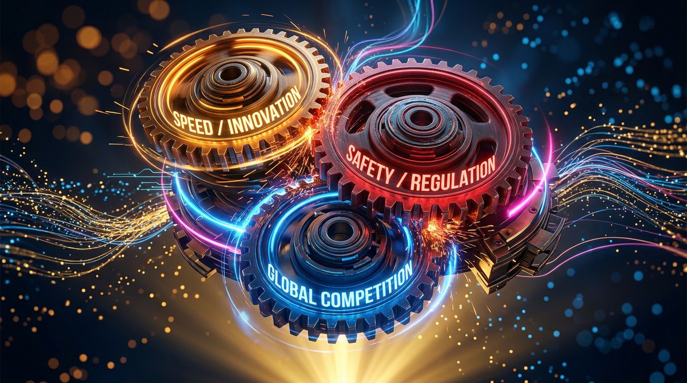 Visualisation des trois tensions entre vitesse d'innovation, régulation et compétition mondiale en IA