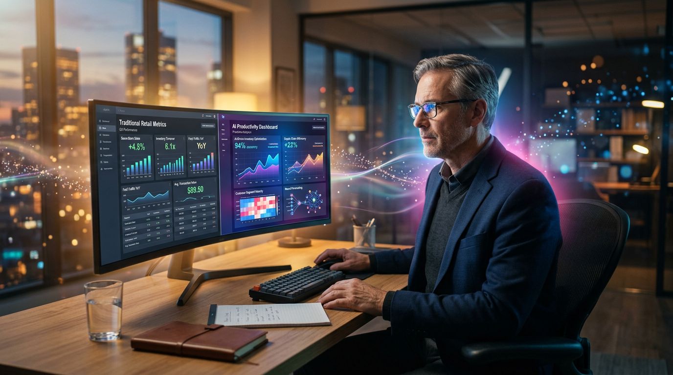 An investor analyzing retail and AI data on two side-by-side screens in a modern office