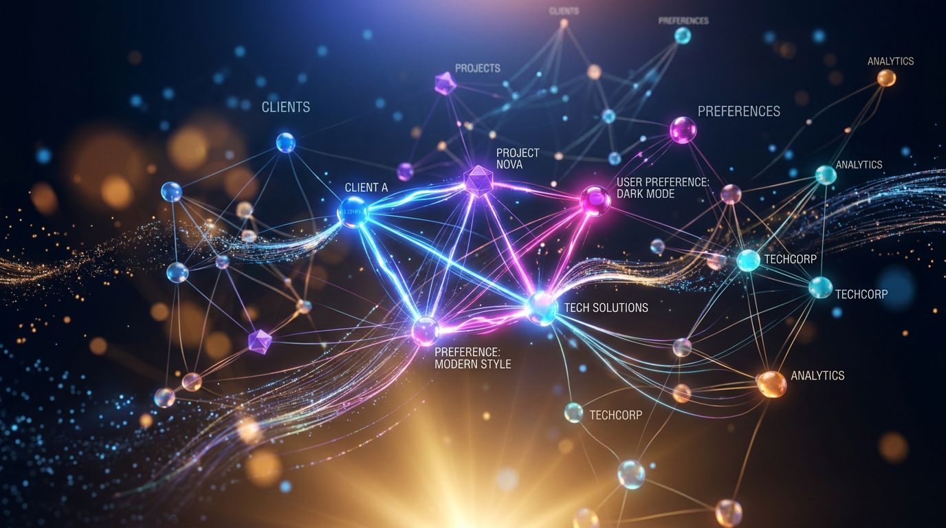 Abstract visualization of an AI memory architecture with interconnected nodes representing clients and projects
