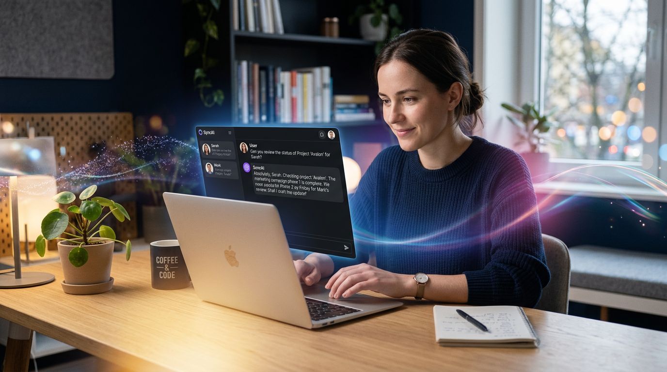 A freelancer working serenely with an AI assistant that displays client and project memory on screen