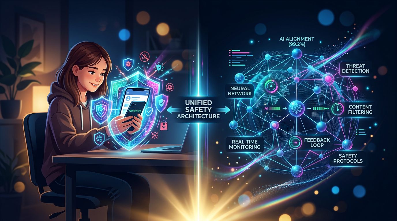 Illustration montrant la protection des utilisateurs vulnérables et la surveillance des systèmes IA comme deux faces d'un même système de sécurité