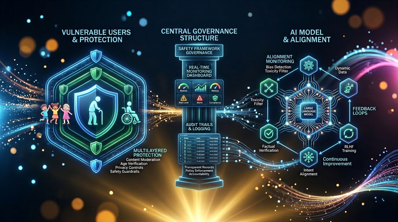 Schéma montrant comment la gouvernance IA unifie la protection des utilisateurs et l'alignement des modèles dans un même cadre