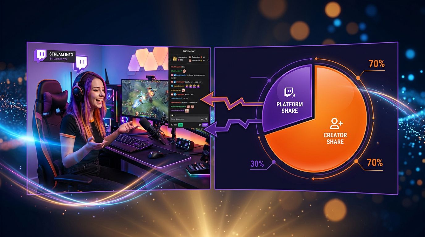 Illustration du partage des revenus entre créateurs Twitch et la plateforme, visualisation du split économique