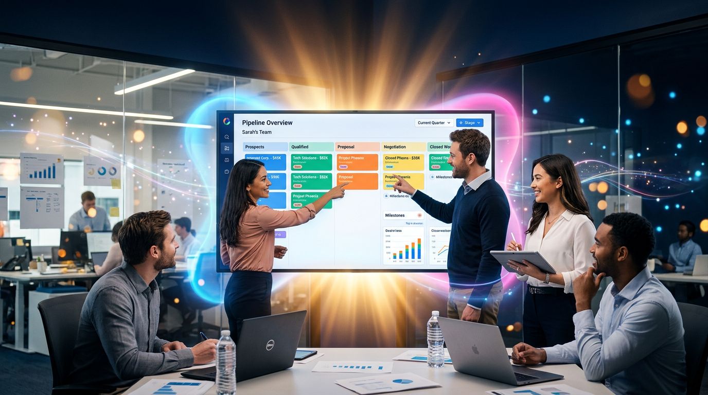 Sales team reviewing a Kanban pipeline board in a meeting
