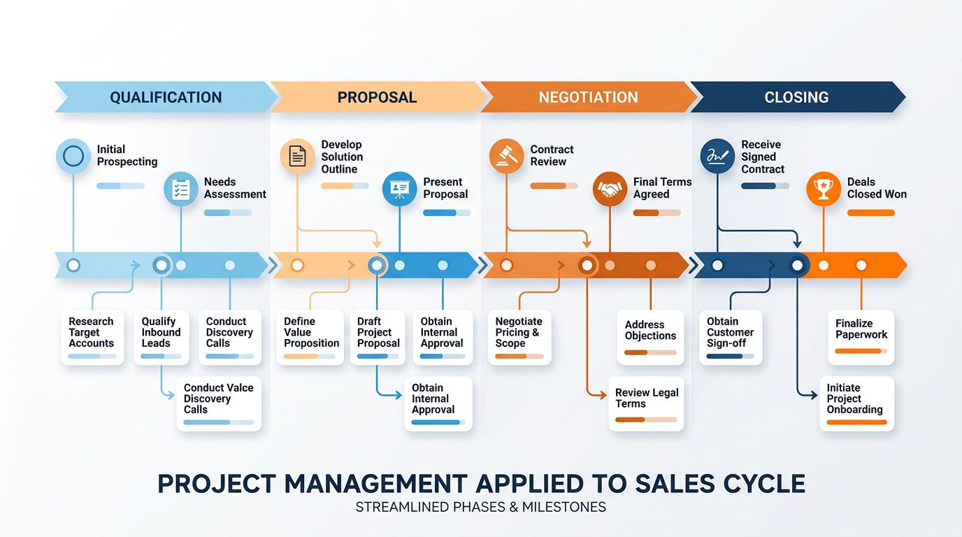 Diagram of a sales cycle structured into four project phases with milestones