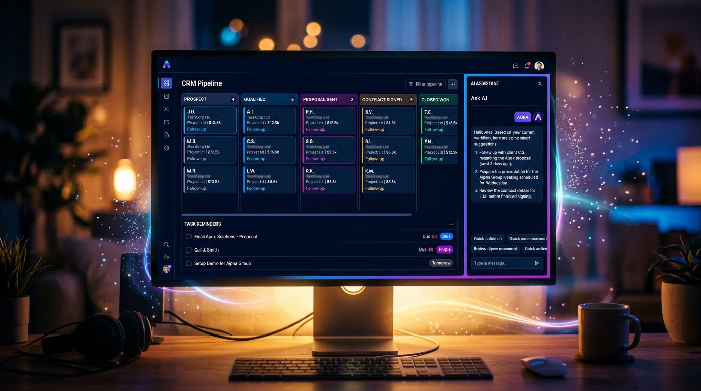 AI sales management interface with built-in CRM and contextual memory assistant