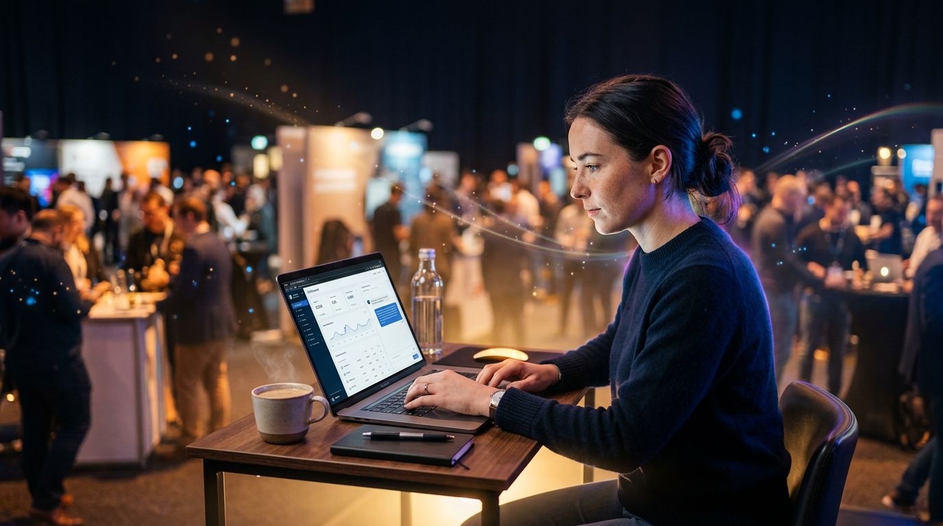Focused freelancer in front of their screen with a clear AI dashboard and productivity metrics