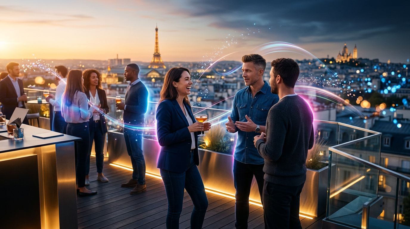 Networking evening on a Parisian rooftop during VivaTech week, city view at sunset