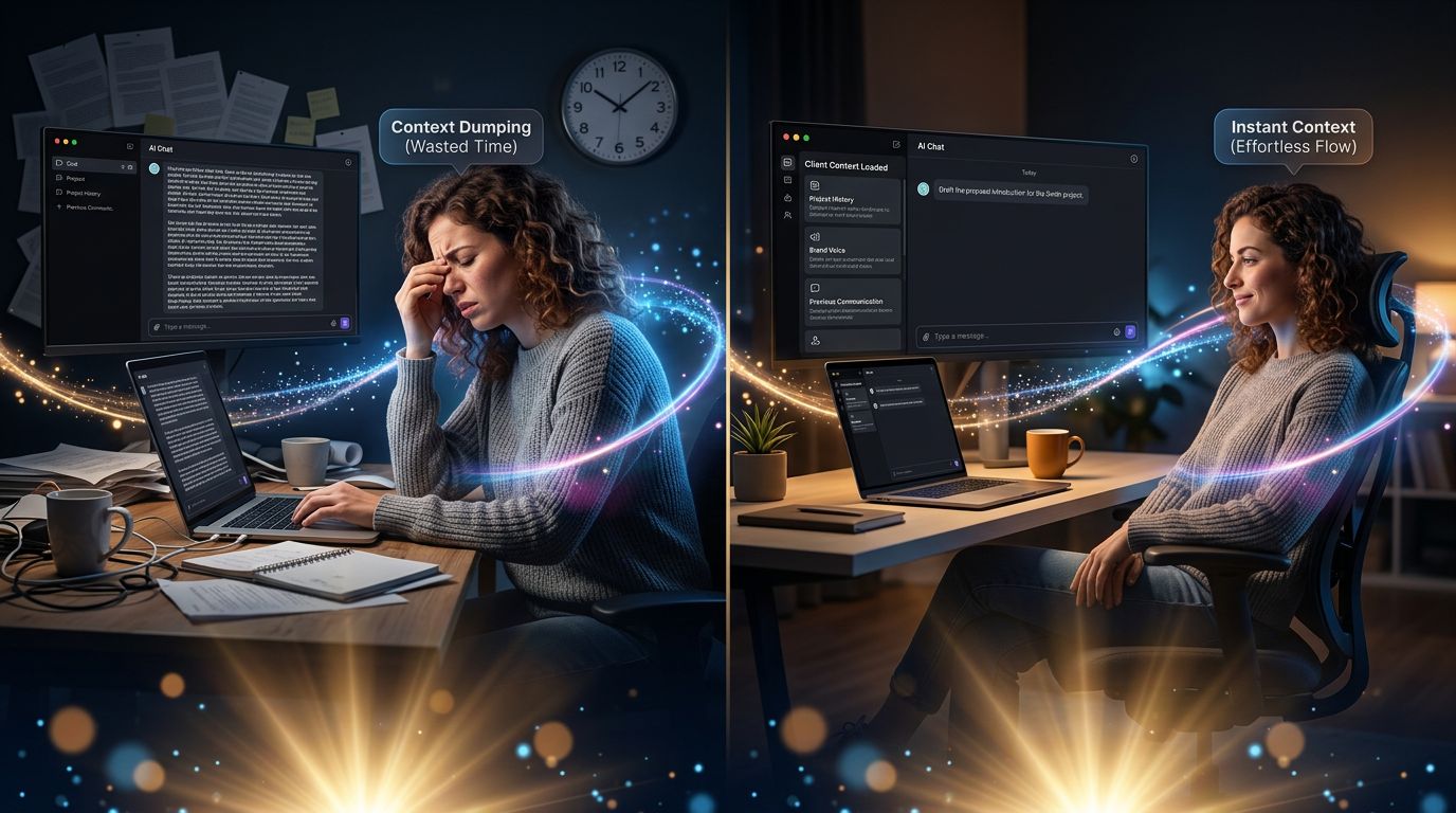 Comparison between an AI workflow without client context and a workflow with automatic context