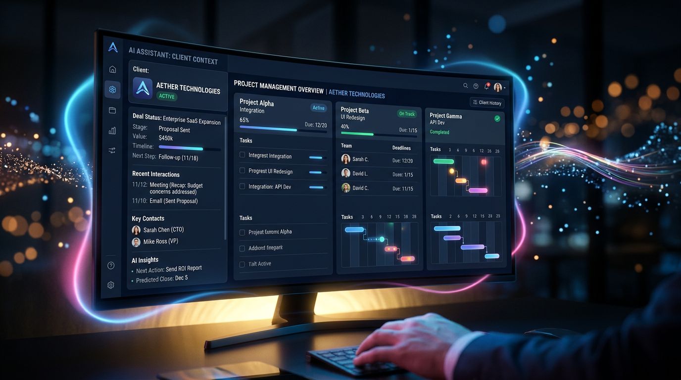 AI dashboard displaying enriched client context alongside project management