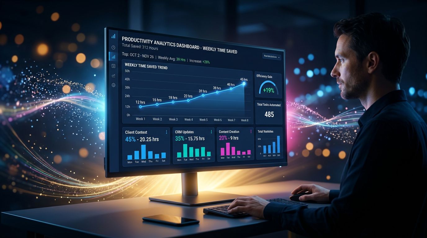 Analytics dashboard showing time saved each week through automated client context