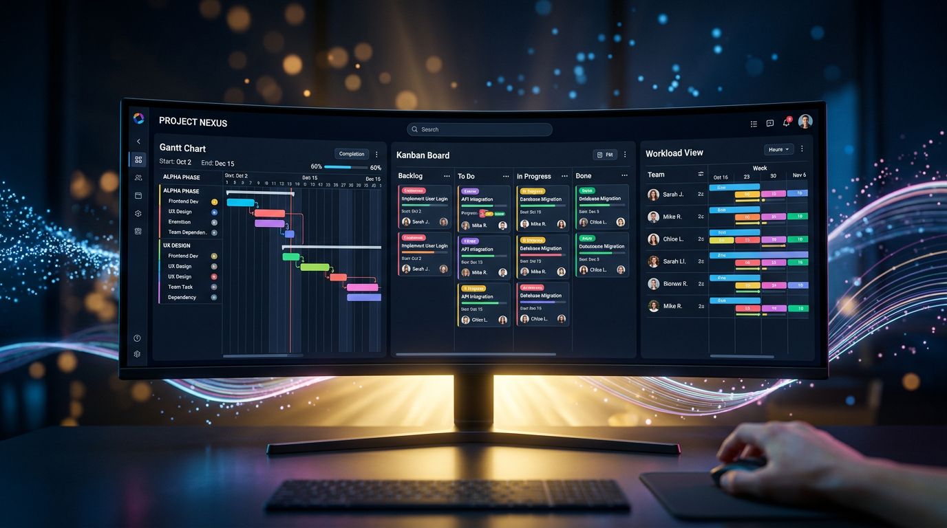 Wrike interface showing Gantt view, Kanban and workload displayed simultaneously