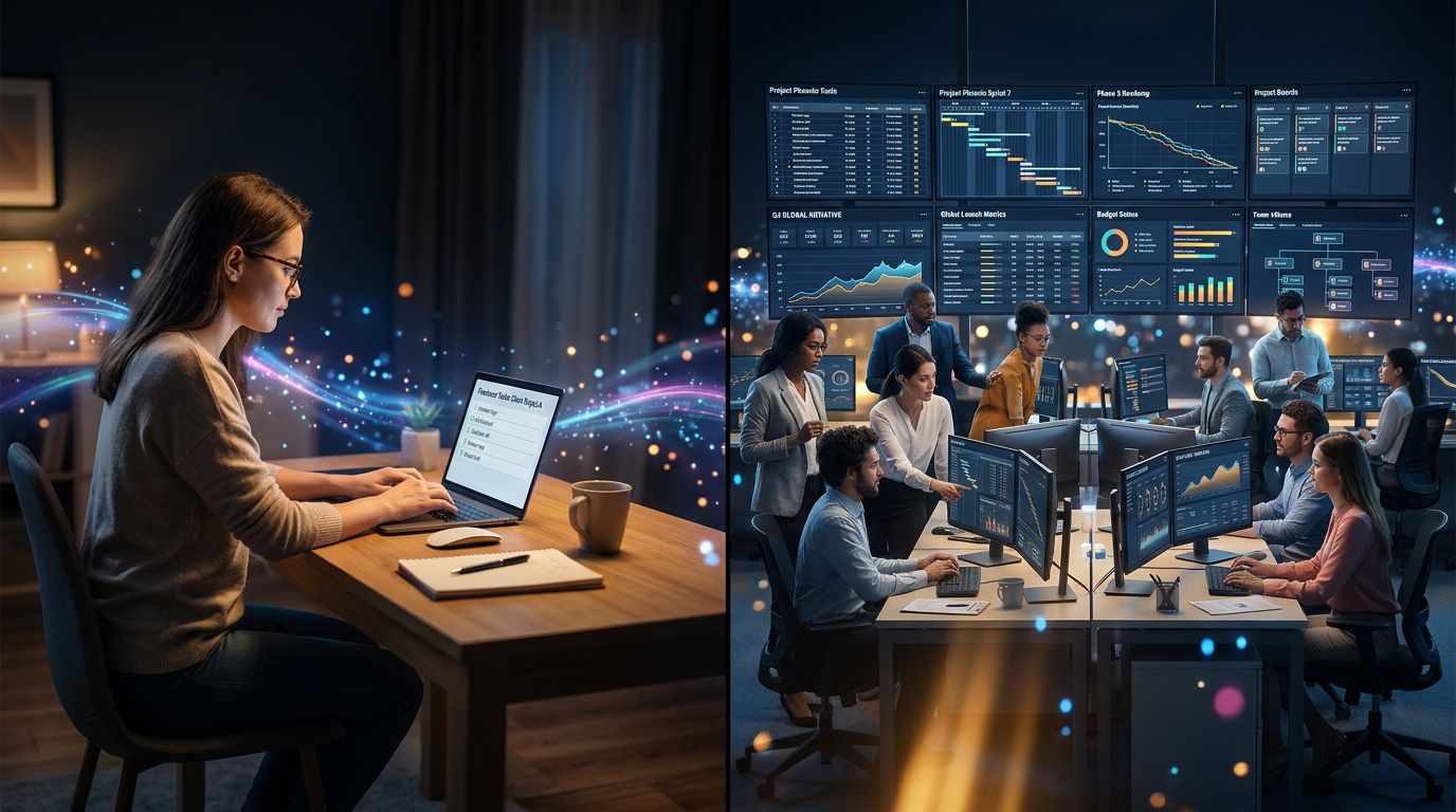 Comparison between simple freelance project management and complex team management with multiple dashboards