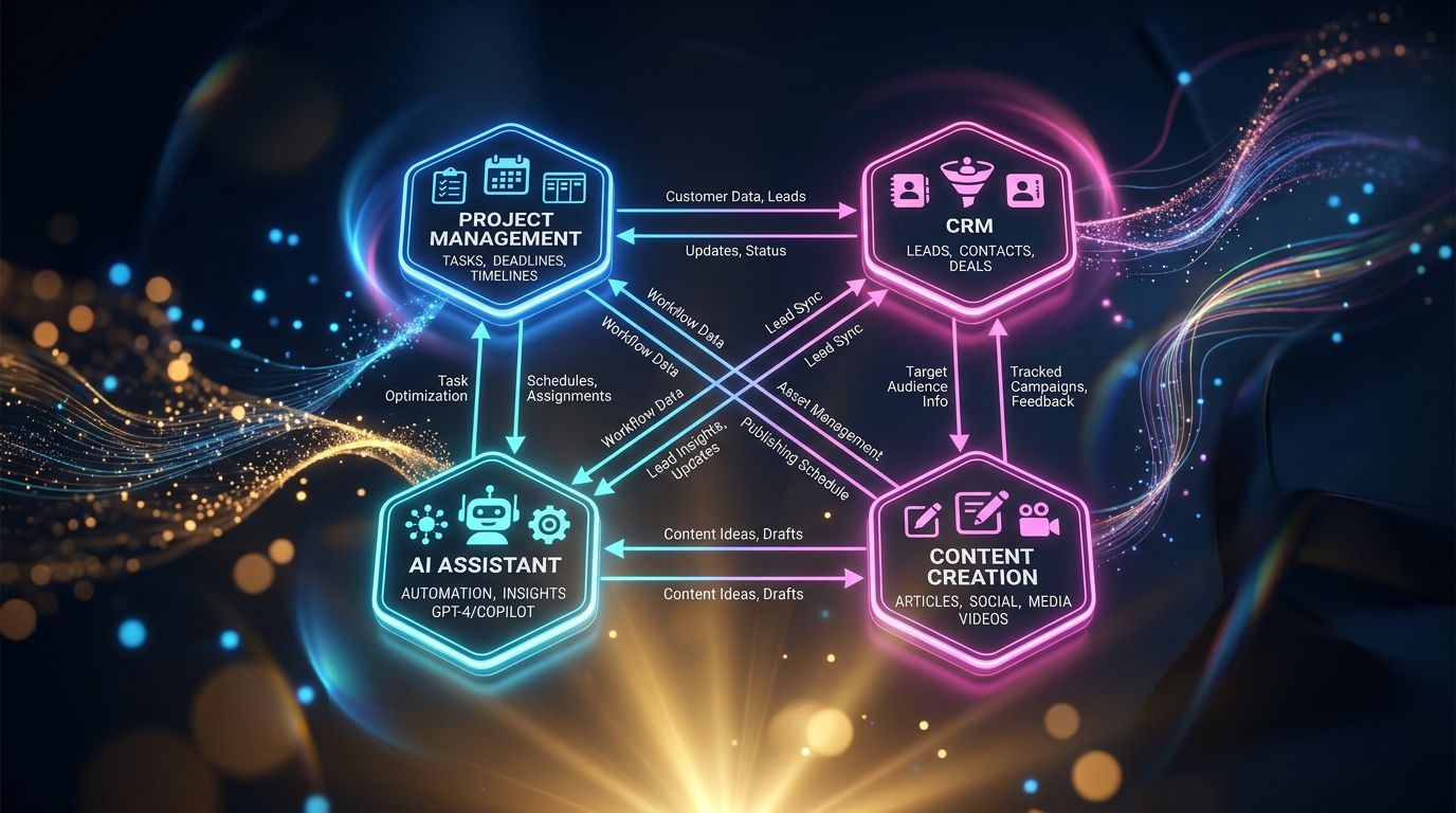 Diagram of an interconnected productivity tool ecosystem with data flows