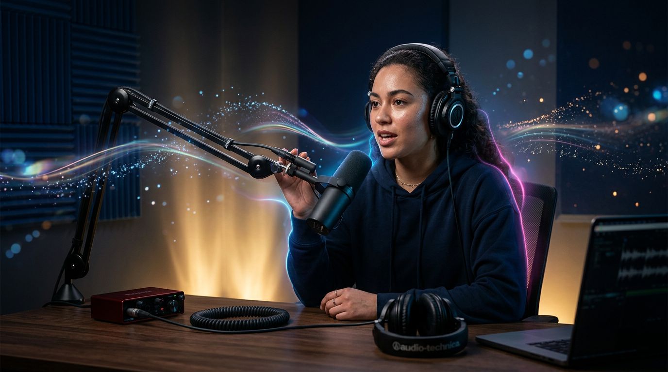 Content creator recording a podcast-style YouTube video with focus on the microphone